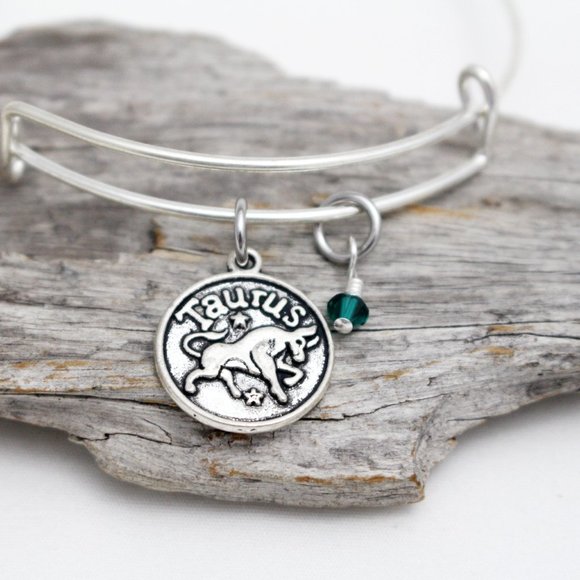 May Taurus Adjustable Charm Bangle - Handmade Zodiac Bracelet - Picture 1 of 11